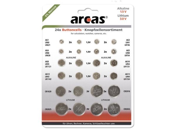 Battery Arcas button cell set AG1 till CR2032 0% Mercury (24 Pcs.)