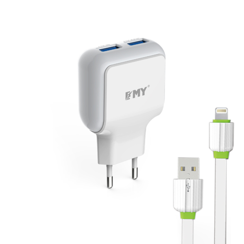 Φορτιστη δικτύου, ΕΜΥ MY-220, 5V 2.4A, Universal, 2xUSB, iPhone 5/6/7 καλώδιο – 14445