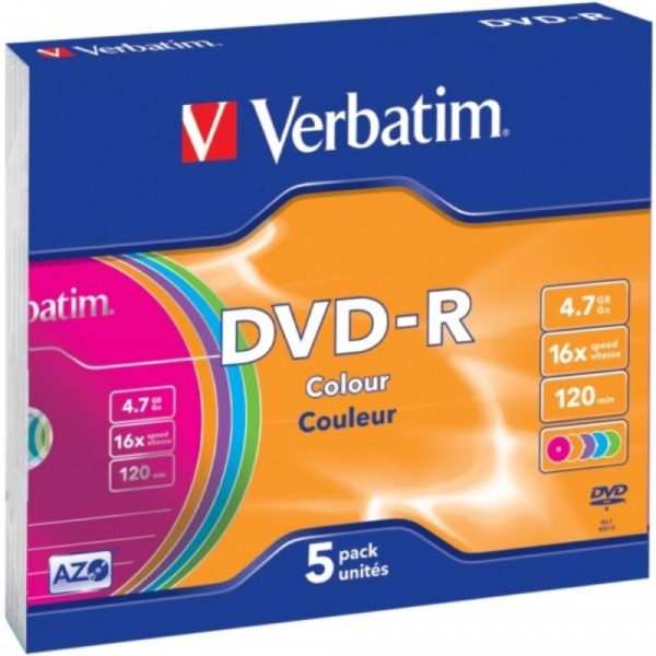 DVD-R 4.7GB Verbatim 16x Colour 5er Slim Case 43557
