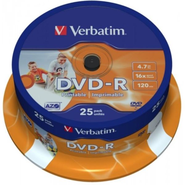 DVD-R 4.7GB Verbatim 16x Inkjet white Full Surface 25er Cakebox 43538