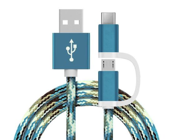 2 in 1 Charging Cable (USB Micro & Type-C) - 1,0 Meter (Ocean Blue-Nylon)