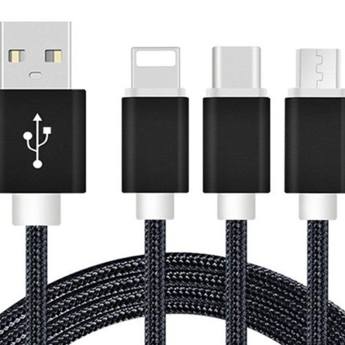 3 in 1 Charging Cable (USB Micro, USB Type-C & Lightning) - 1,2 Meter (Black-Nylon)