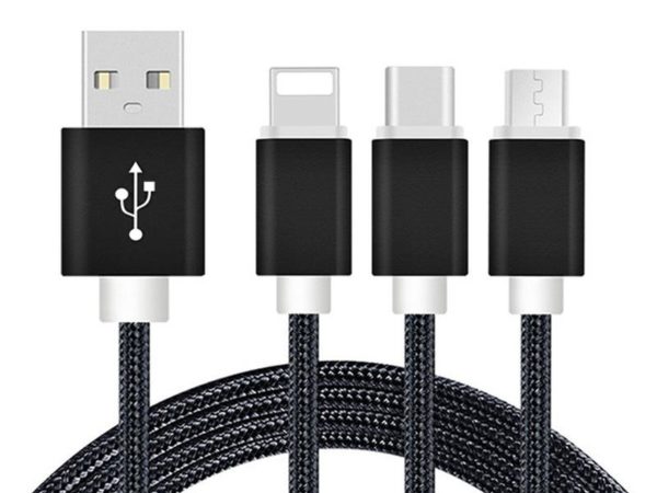 3 in 1 Charging Cable (USB Micro, USB Type-C & Lightning) - 1,2 Meter (Black-Nylon)
