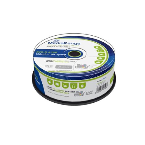 MR407 MediaRange DVD-R 16x Inkjet Fullprintable cakebox of 25pcs