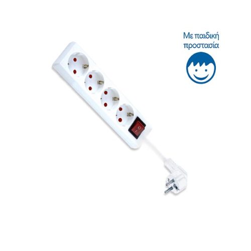 Πολύπριζο Σούκο 5M  4θ -  Με Διακόπτη & Παιδ. Προστασία Λευκό 3Χ1