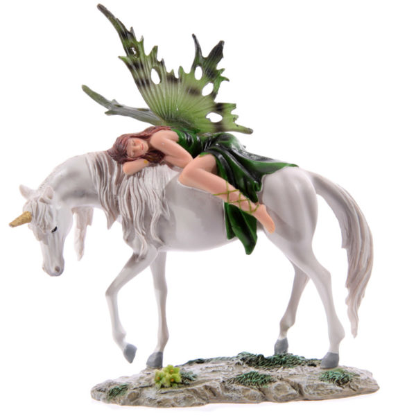Decorative Green Woodland Fairy Resting on Unicorn