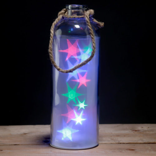 Decorative LED Glass Light Jar - Tall Coloured Stars with Rope