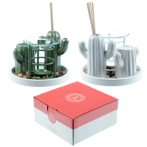 Eden Aroma Set - Metal Oil Burner  and  Ceramic Cactus Diffuser