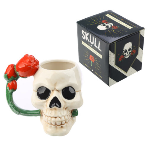 Fantasy Skull and Rose Shaped Handle Ceramic Mug