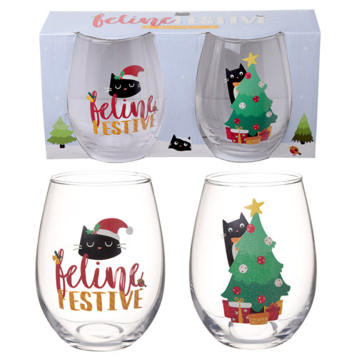 Fun Christmas Cat Glass Tumbler Set of 2