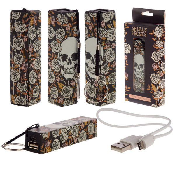 Handy Portable USB Power Bank - Skull  and  Roses Design