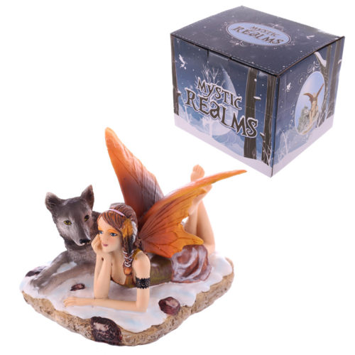Mystic Realms Collection Fantasy Laying Snow Fairy and Wolf
