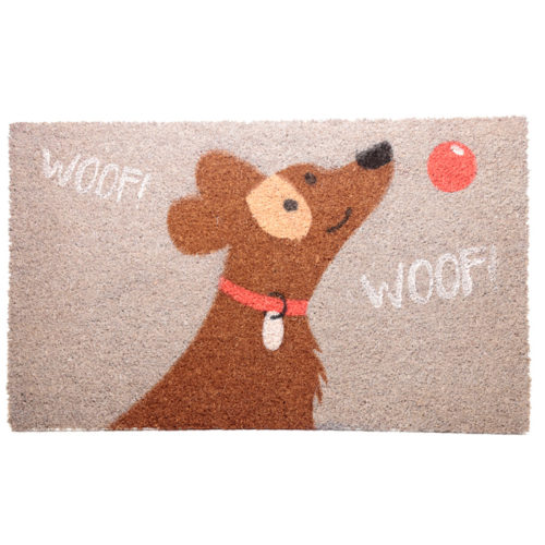 Coir Door Mat - Woof Woof Catch Patch Dog Design
