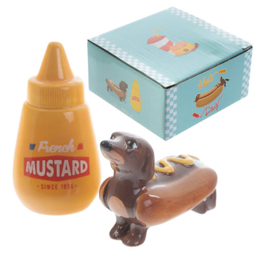 Cute Ceramic Sausage Dog and Mustard Salt and Pepper Set