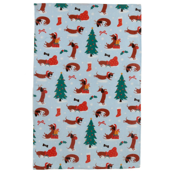 Dachshund Through The Snow Christmas Poly Cotton Tea Towel