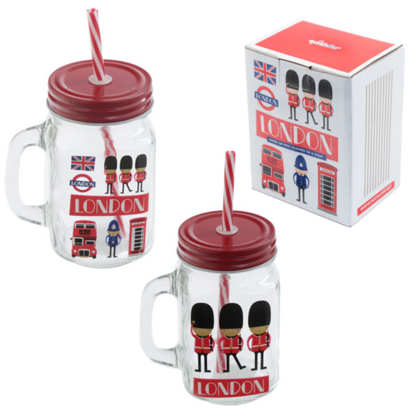 Fun Glass Drinking Jar with Straw - London Guardsman