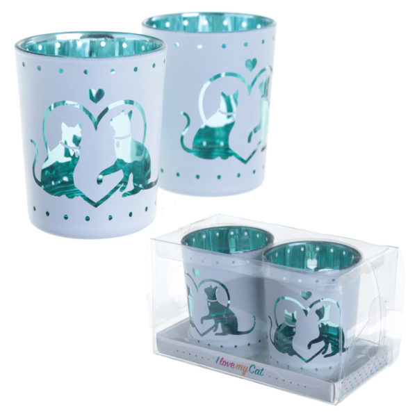 Glass Candleholder Set of 2 - Cat Design