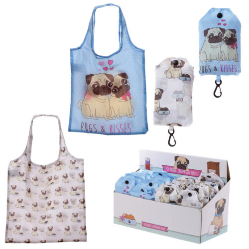Handy Fold Up Pug Design Shopping Bag with Holder