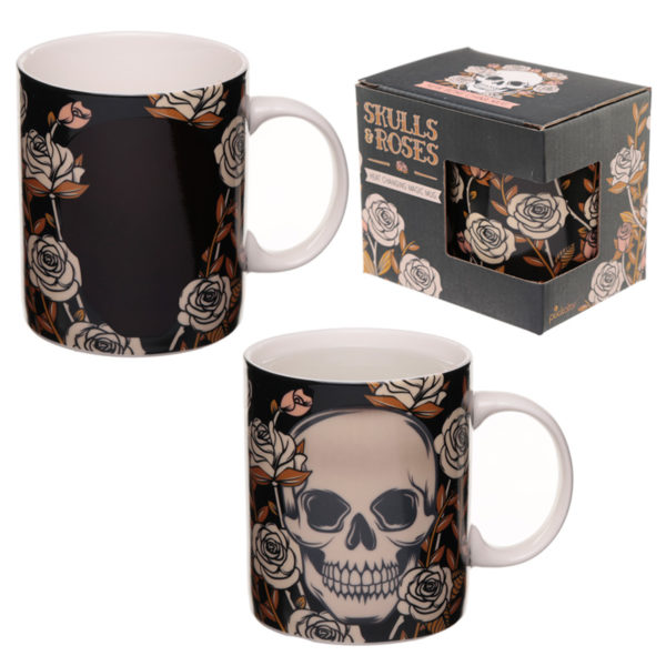 Heat Colour Changing New Bone China Mug - Skulls and Roses