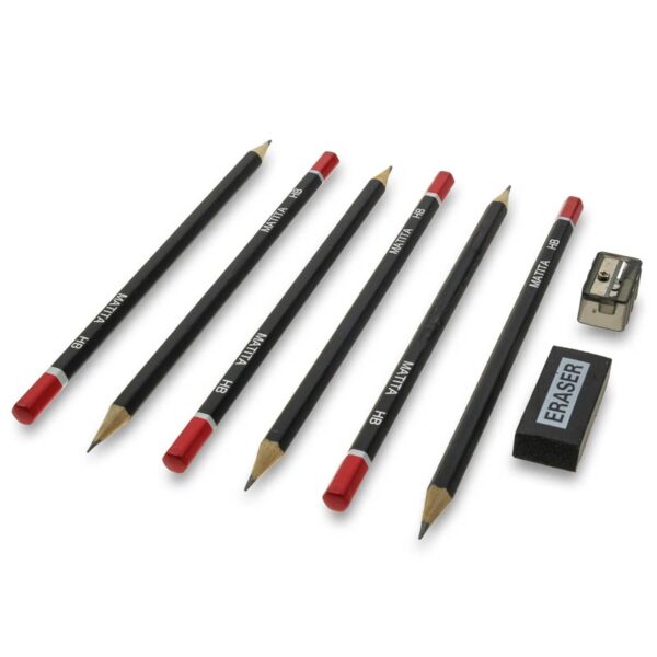 Ένα σετ 6 μολυβιών HB συνοδευόμενο από μια ξύστρα και μια γόμα.Κατάλληλα για τον εξοπλισμό κάθε γραφείου.DOA 14 Ημερών