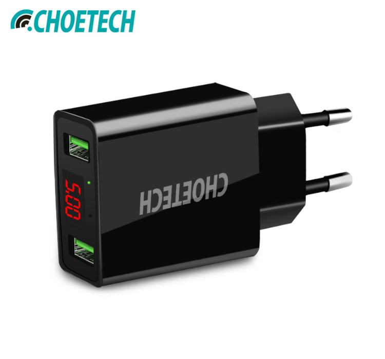 Choetech - Dual port adapter with 2 USB Type-A charging ports - Including LED display - 3A - LED indicator - Black