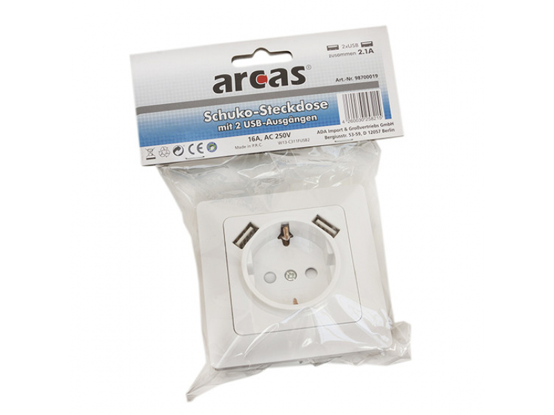 Arcas Schuko-Wall Socket + 2x USB Retail