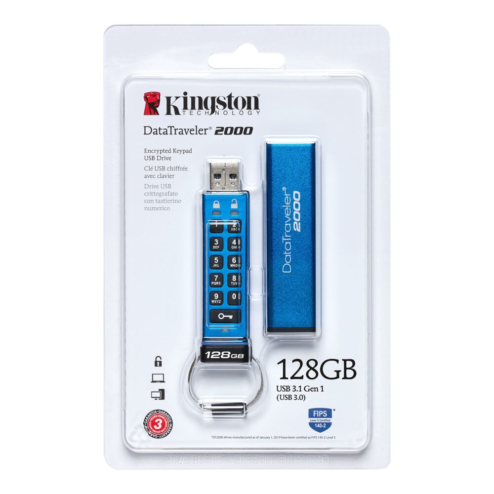 Kingston DataTraveler 2000 128GB USB FlashDrive 3.0 Secure DT2000