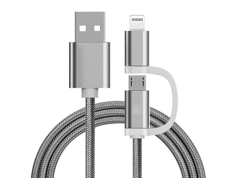 Reekin 2 in 1 Charging Cable (USB Micro & Lightn.) - 1,0 M. (Silver-Nylon)