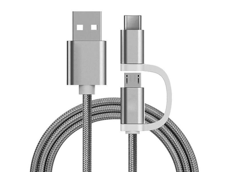 Reekin 2 in 1 Charging Cable (USB Micro & Type-C) - 1,0 Meter (Silver-Nylon)
