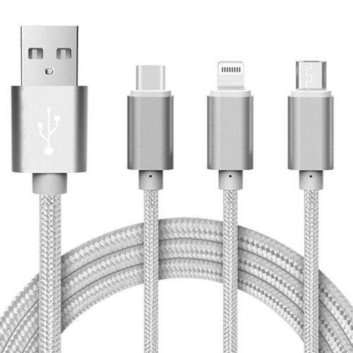 Reekin 3 in 1 Charging Cable (USB Micro, USB Type-C & Lightning) - 1,2 Meter (Silver-Nylon)