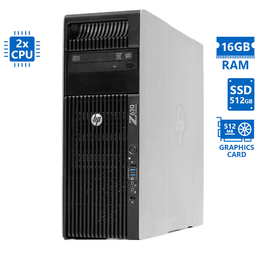 HP Z620 Tower Xeon 2xE5-2620(6-Cores)/16GB DDR3/512GB SSD/Nvidia 512MB/DVD Grade B Workstation Refur