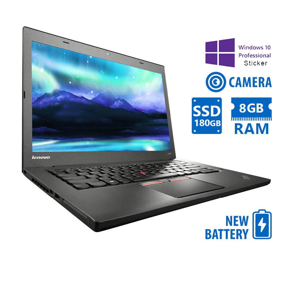 Lenovo (A-) ThinkPad T450 i5-5300U/14”/8GB DDR3/180GB SSD/No ODD/Camera/New Battery/10P Grade A- Ref