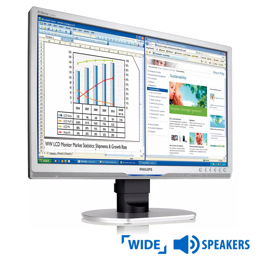 Used Monitor 220BWxx TFT/Philips/22"/1680x1050/Silver/Black/w/Speakers/D-SUB & DVI-D & USB Hub