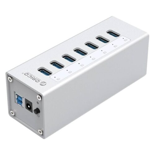 Aluminum 7 Port USB 3.0 HUB with 12V power adapter - Silver