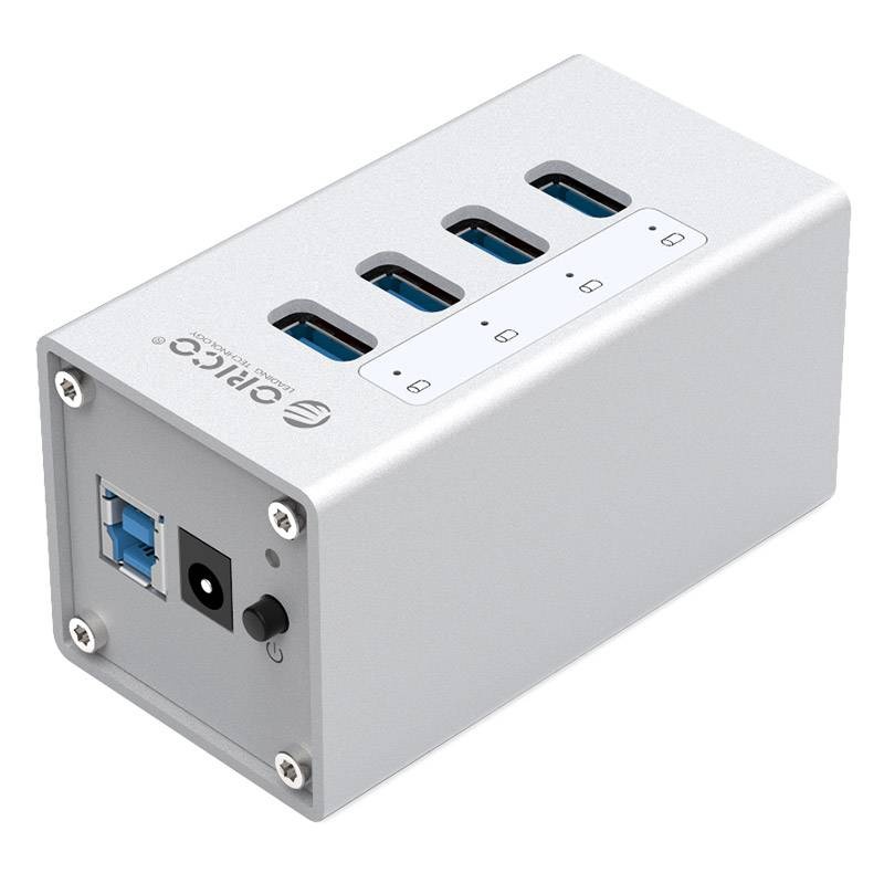 Aluminum USB 3.0 Hub with 4 Ports - Incl. 12V Power Adapter - Silver