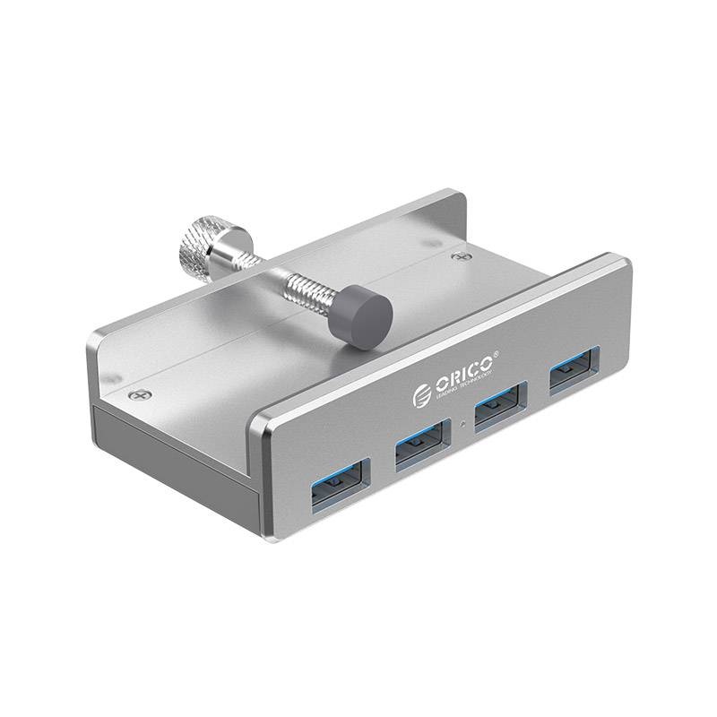 Aluminum USB 3.0 hub with 4 Type-A ports and clip-on design - Silver