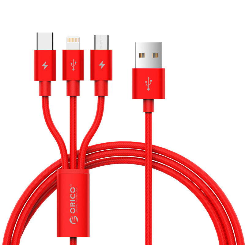 Nylon braided 3-in-1 charging cable with Lightning, Micro B and Type-C interface - Red