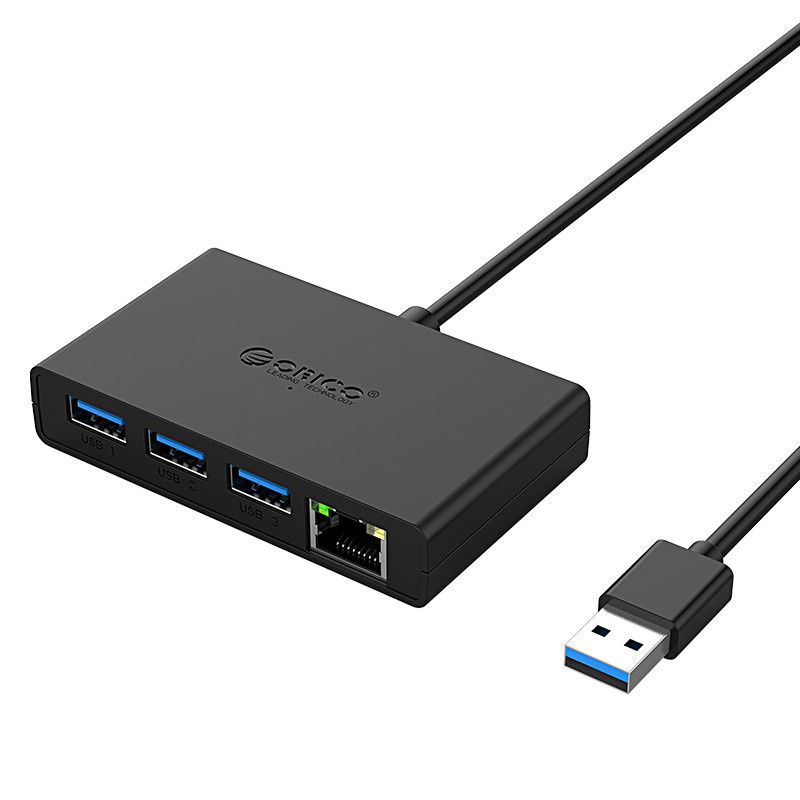 Orico USB 3.0 hub with 3 USB-A ports and Gigabit Ethernet port