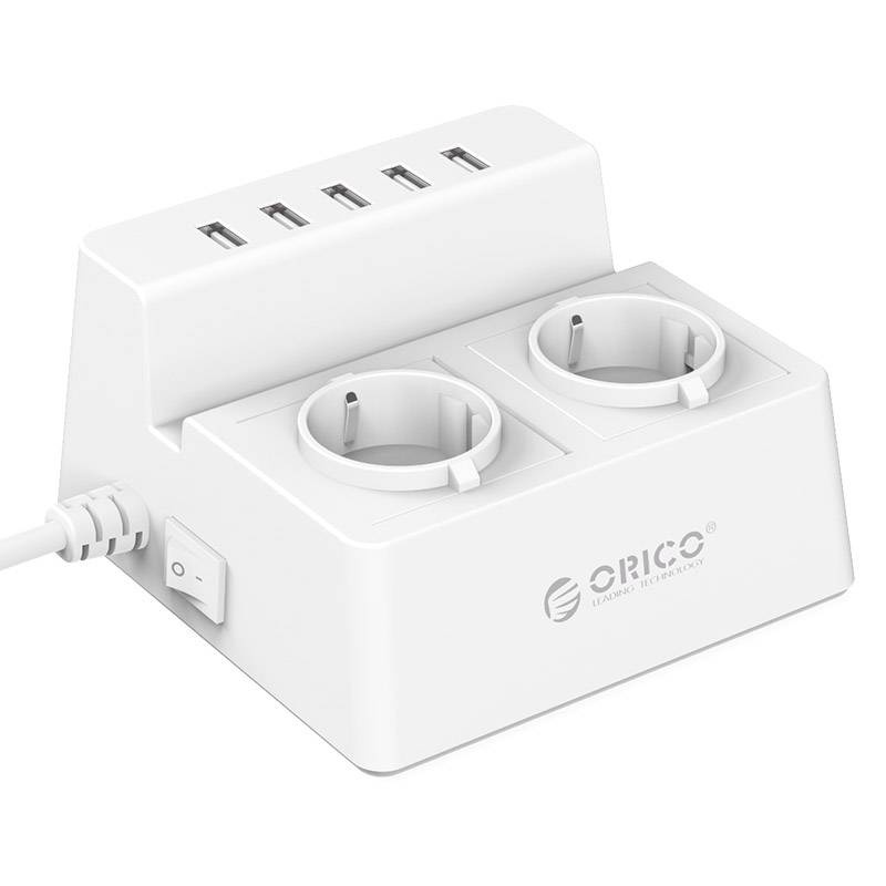 Socket with 2 sockets and 5USB charging ports - 2500W- White
