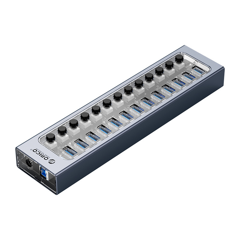 USB 3.0 hub with 13 ports - aluminum and transparent design - BC 1.2 - 60W - gray