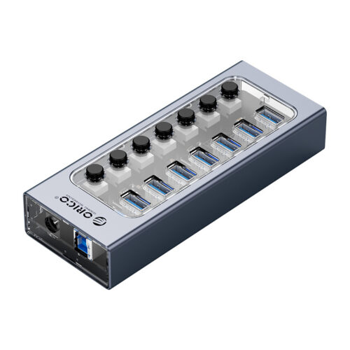 USB 3.0 hub with 7 ports - aluminum and transparent design - BC 1.2 - 24W - gray