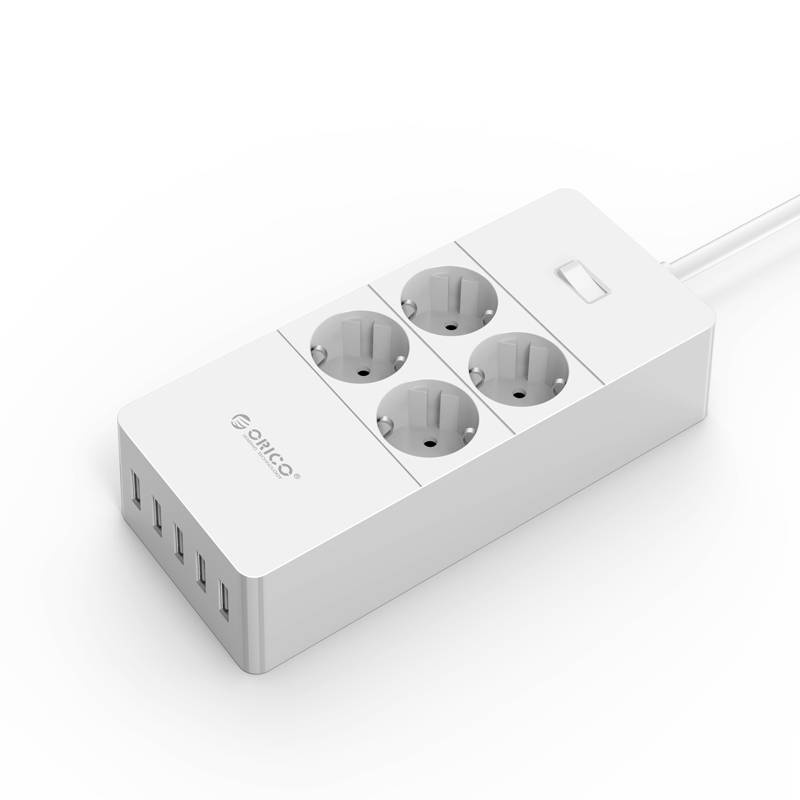 power strip with four sockets and five USB charging ports